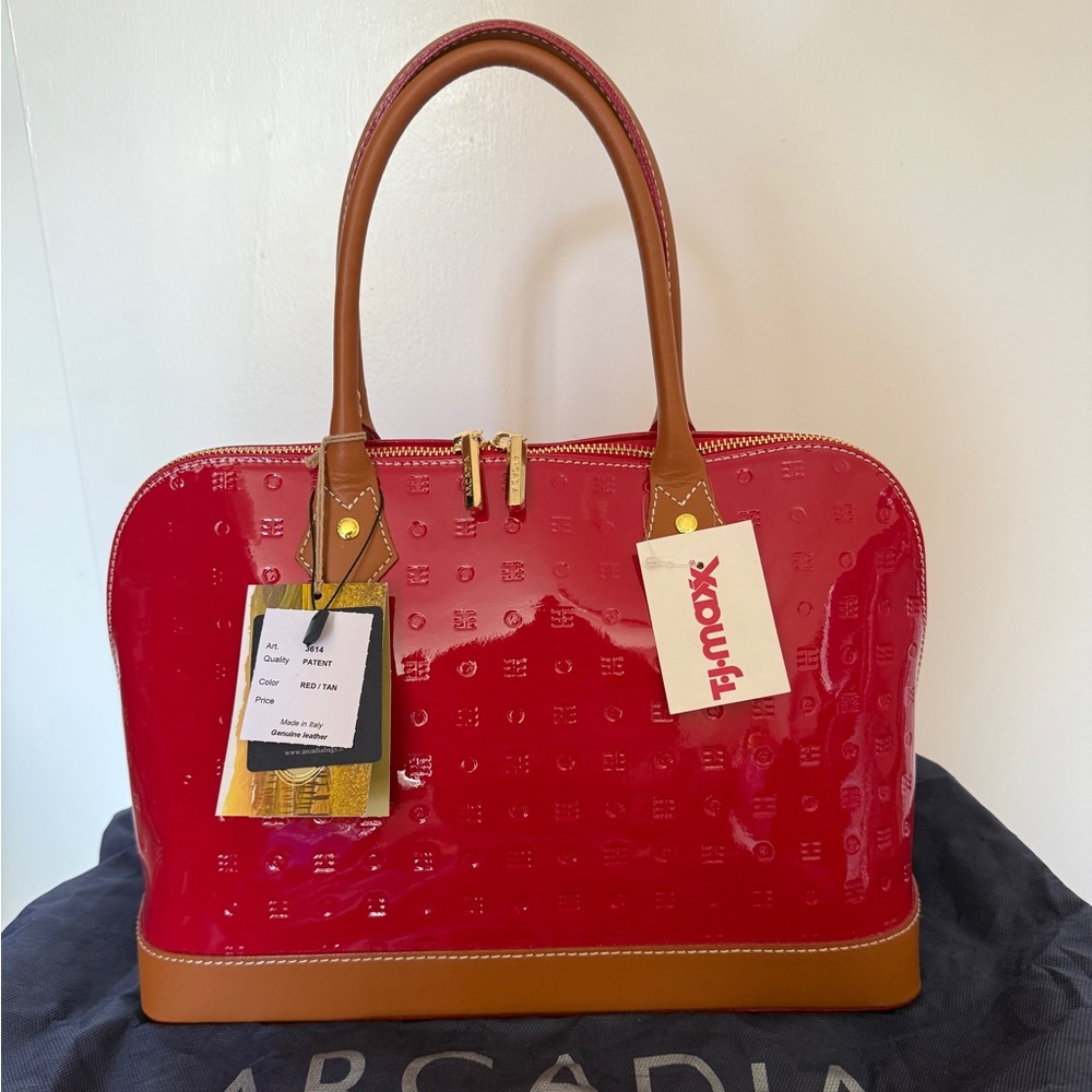Arcadia Glossy Red and Tan Satchel